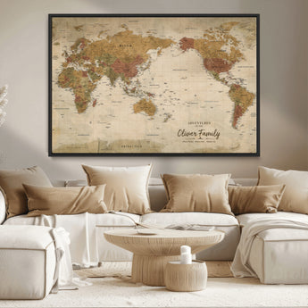 31874045-MGV-CV-36X24-Personalized World Map Wall Art – Vintage Earth Tone Adventure Map with Custom Family Names, Rustic Travel Decor for Home, Couples