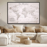 11706567-MGV-CV-36X24-Personalized World Map Wall Art – Minimalist Beige Adventure Travel Map with Custom Names, Elegant Push Pin Canvas for Couples,
