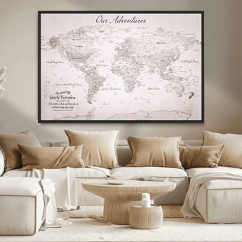 11706567-MGV-CV-36X24-Personalized World Map Wall Art – Minimalist Beige Adventure Travel Map with Custom Names, Elegant Push Pin Canvas for Couples,