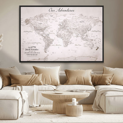 11706567-MGV-CV-36X24-Personalized World Map Wall Art – Minimalist Beige Adventure Travel Map with Custom Names, Elegant Push Pin Canvas for Couples,