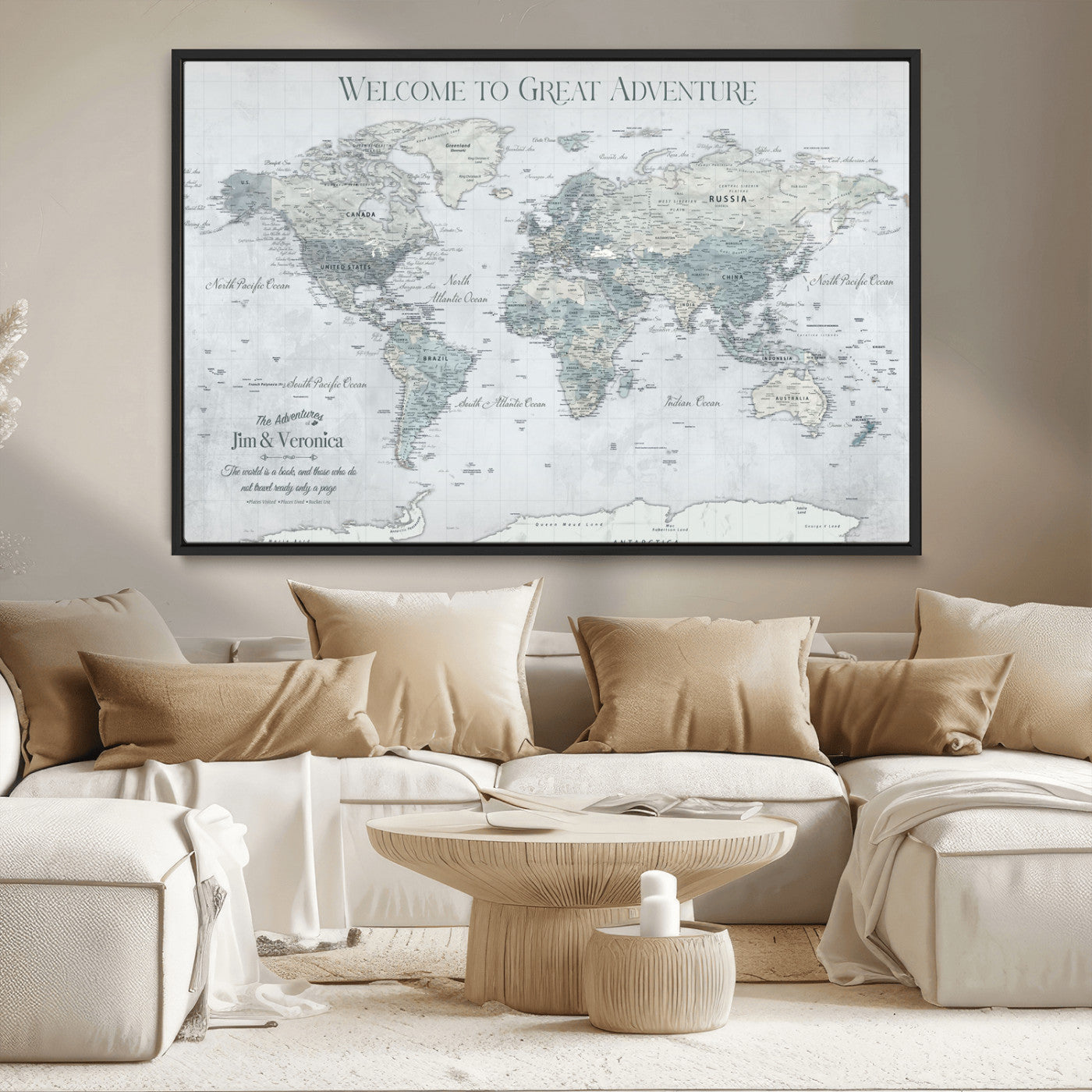 70605050-MGV-CV-36X24-Personalized World Map Wall Art – Cool Gray Adventure Travel Map with Custom Names, Elegant Push Pin Canvas for Couples, Family
