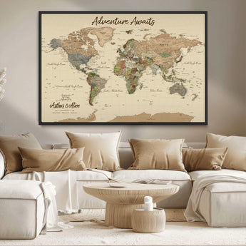 53442996-MGV-CV-36X24-Personalized World Map Wall Art – Adventure Awaits Vintage Travel Map with Custom Couple Names, Rustic Wall Decor for Home,