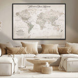 93034948-MGV-CV-36X24-Personalized World Map Wall Art – Vintage Beige Adventure Travel Map with Custom Names, Elegant Push Pin Canvas for Couples,