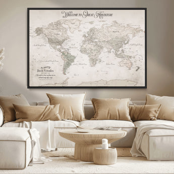 93034948-MGV-CV-36X24-Personalized World Map Wall Art – Vintage Beige Adventure Travel Map with Custom Names, Elegant Push Pin Canvas for Couples,