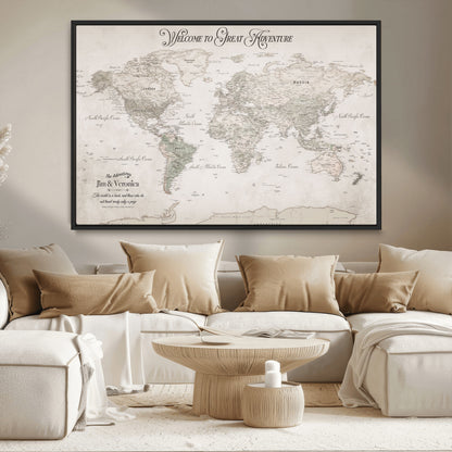 93034948-MGV-CV-36X24-Personalized World Map Wall Art – Vintage Beige Adventure Travel Map with Custom Names, Elegant Push Pin Canvas for Couples,