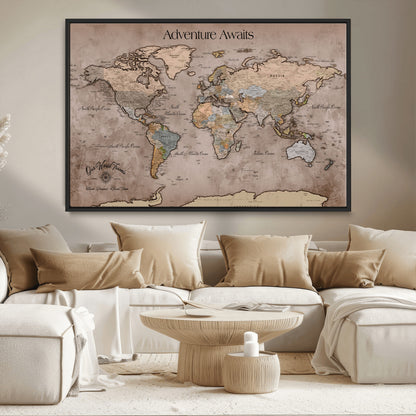 93226713-MGV-CV-36X24-Personalized World Map Wall Art – Adventure Awaits Rustic Earth-Tone Travel Map with Custom Names, Vintage Wall Decor for Couples,