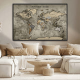 72658967-MGV-CV-36X24-Personalized World Map Wall Art – Adventure Awaits Rustic Sepia Travel Map with Custom Names, Vintage Wall Decor for Couples, Home