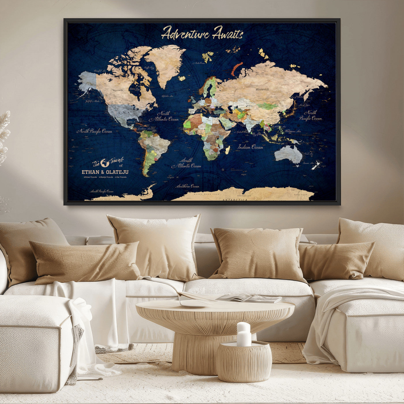 80965072-MGV-CV-36X24-Personalized World Map Wall Art – Adventure Awaits Navy Blue Travel Map with Custom Names, Rustic Vintage Wall Decor for Couples,