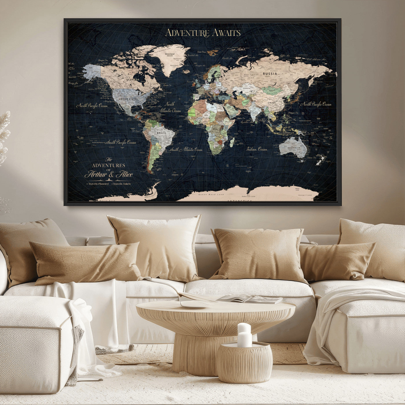 15547583-MGV-CV-36X24-Personalized World Map Wall Art – Rustic Navy Adventure Awaits Travel Map with Custom Couple Names, Vintage Wall Decor for Home or