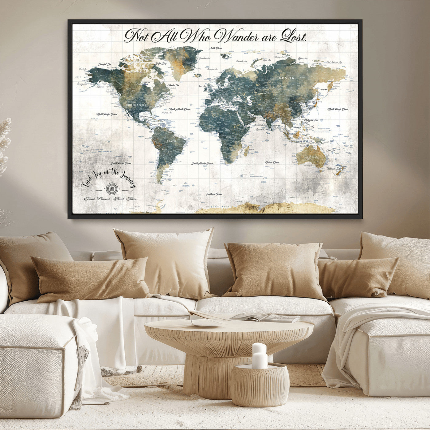 16233493-MGV-CV-36X24-Personalized World Map Wall Art – Rustic Blue Green Wanderlust Travel Map with Custom Couple Names, Vintage Wall Decor for Home