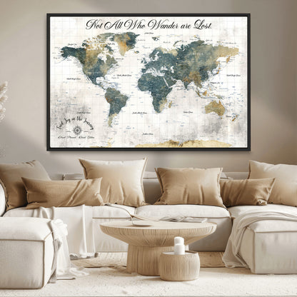 16233493-MGV-CV-36X24-Personalized World Map Wall Art – Rustic Blue Green Wanderlust Travel Map with Custom Couple Names, Vintage Wall Decor for Home