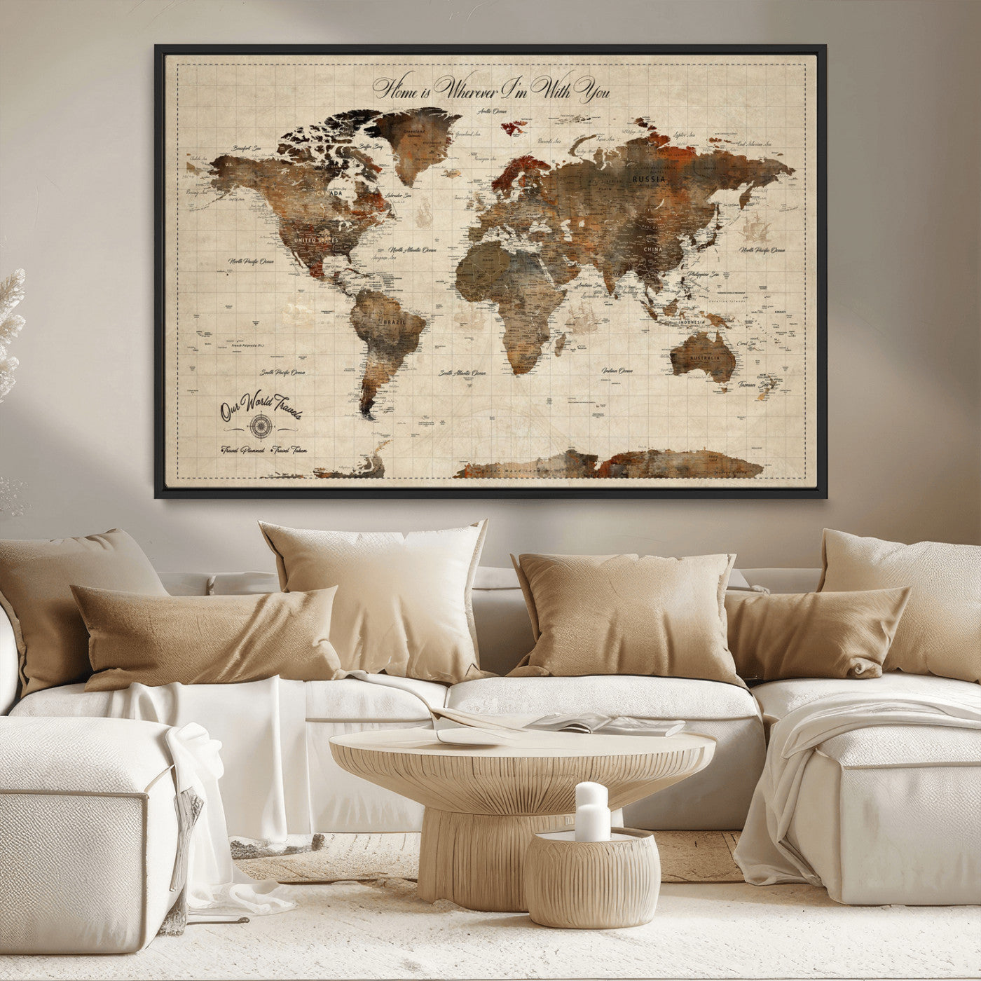 48225643-MGV-CV-36X24-Personalized World Map Wall Art – Rustic Vintage Adventure Travel Map with Custom Couple Names, Romantic Wall Decor for Home or