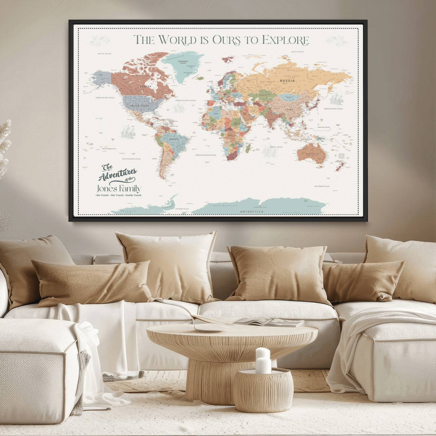 69180591-MGV-CV-36X24-Personalized World Map Wall Art – Rustic Vintage Adventure Travel Map with Custom Family Names, Unique Wall Decor for Couples,