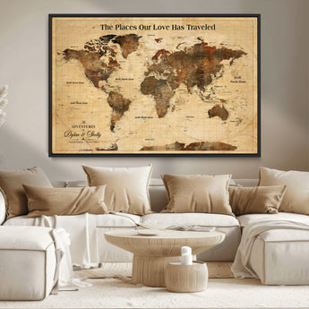 50680593-MGV-CV-36X24-Personalized World Map Wall Art – Rustic Brown Adventure Travel Map with Custom Names, Elegant Push Pin Canvas for Couples Home,