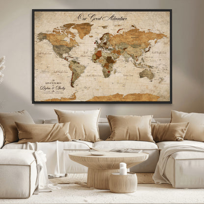 91961147-MGV-CV-36X24-Personalized World Map Wall Art – Vintage Sepia Adventure Travel Map with Custom Couple Names, Rustic Wall Decor for Home, Couples