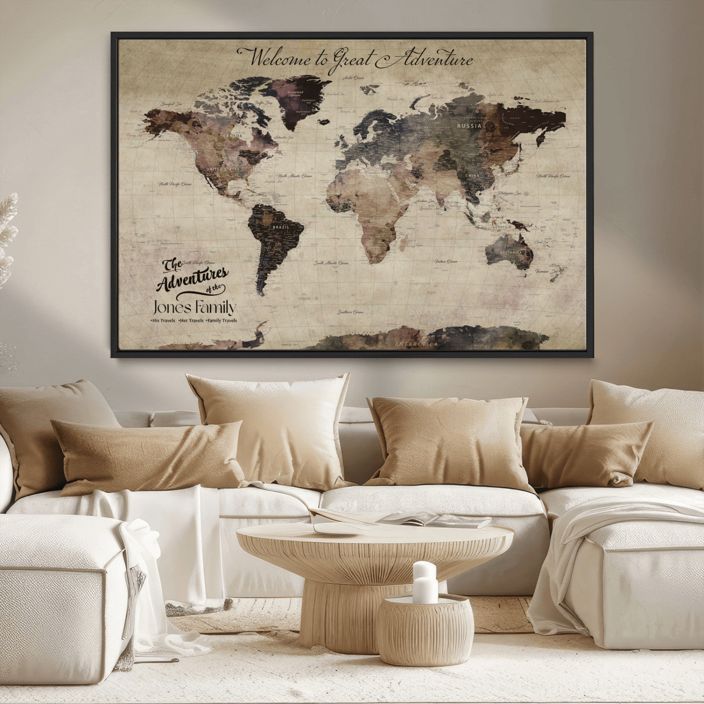 78610079-MGV-CV-36X24-Personalized World Map Wall Art – Vintage Rustic Travel Map with Custom Family Name, Adventure Wall Decor for Home, Family Gift or