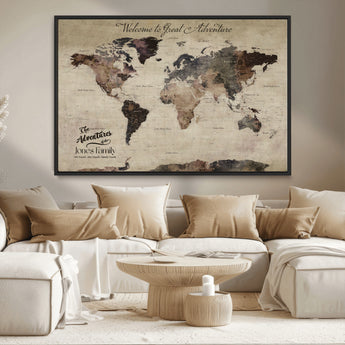 78610079-MGV-CV-36X24-Personalized World Map Wall Art – Vintage Rustic Travel Map with Custom Family Name, Adventure Wall Decor for Home, Family Gift or