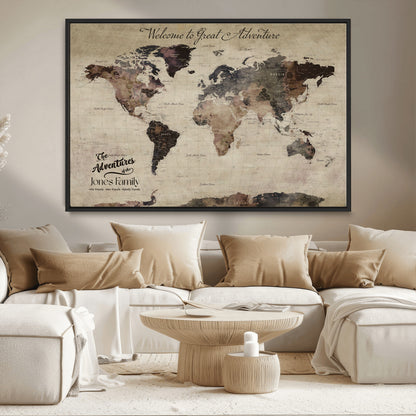 78610079-MGV-CV-36X24-Personalized World Map Wall Art – Vintage Rustic Travel Map with Custom Family Name, Adventure Wall Decor for Home, Family Gift or