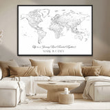 43438578-MGV-FC-36X24_Black-Personalized World Map Wall Art – Black and White Minimal Travel Map with Custom Names, Elegant Wall Decor for Couples, Wedding or