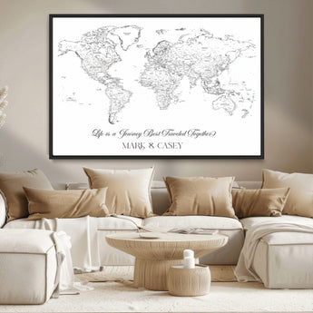 43438578-MGV-FC-36X24_Black-Personalized World Map Wall Art – Black and White Minimal Travel Map with Custom Names, Elegant Wall Decor for Couples, Wedding or