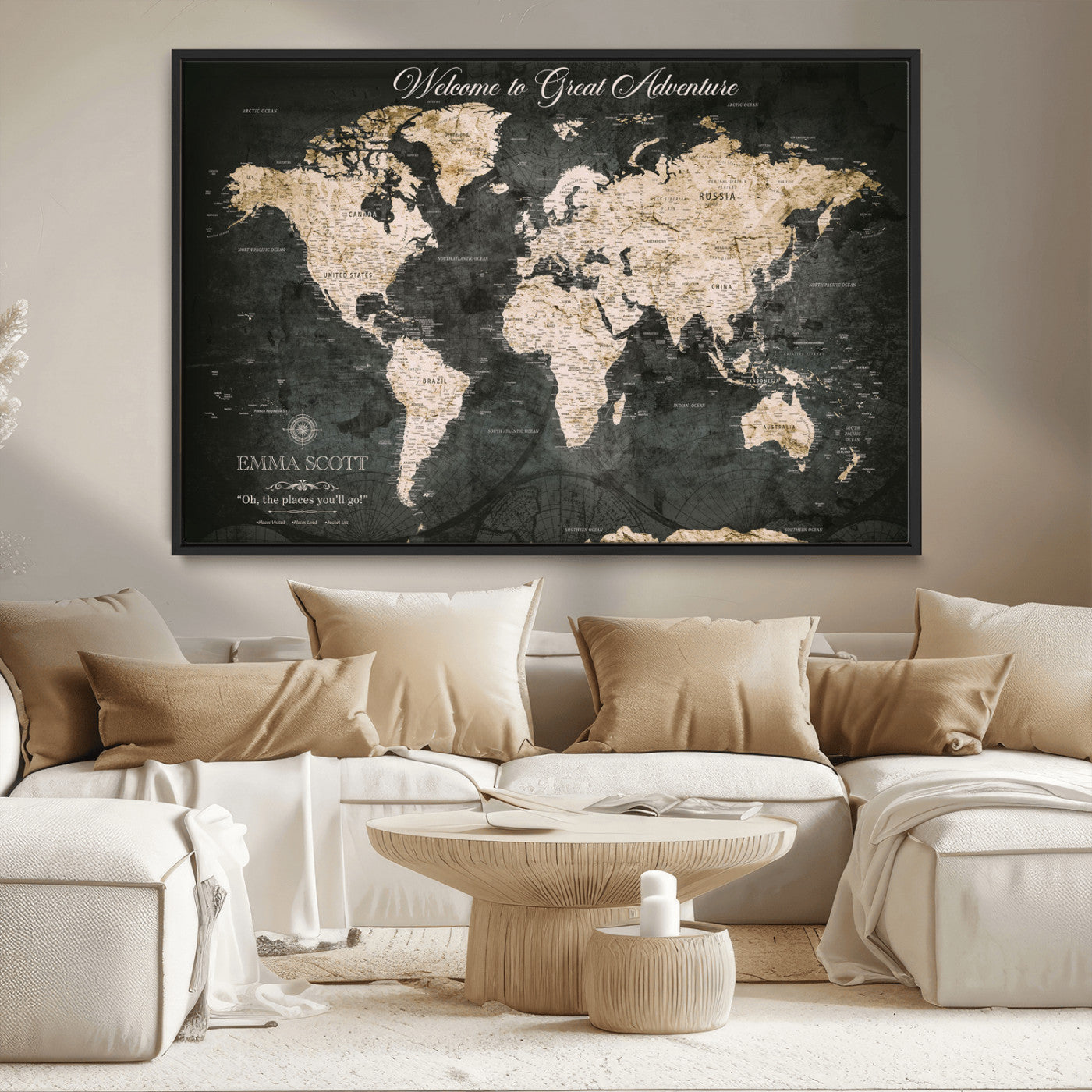 70534097-MGV-CV-36X24-Personalized World Map Wall Art – Dark Vintage Adventure Style Travel Map with Custom Names, Unique Wall Decor for Couples, Home