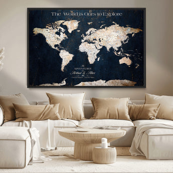 13231361-MGV-CV-36X24-Personalized World Map Wall Art – Navy Blue Vintage Adventure Travel Map with Custom Names, Elegant Push Pin Canvas for Couples