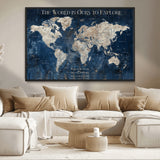 16933330-MGV-CV-36X24-Personalized World Map Wall Art – Navy Blue Vintage Travel Map with Custom Names, Anniversary Gift for Couples Romantic Adventure
