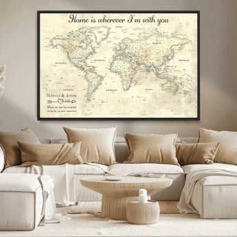 35009043-MGV-FC-36X24_Black-Personalized World Map Wall Art – Vintage Beige Travel Map with Custom Names and Date, Romantic Anniversary Gift for Couples Home