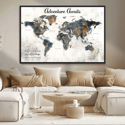 11751559-MGV-CV-36X24-Personalized World Map Wall Art – Elegant Adventure Travel Tracker Map for Couples & Families, Push Pin Canvas Poster Decor for Home, Office