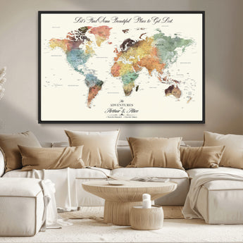 10311652-MGV-CV-36X24-Personalized World Map Wall Art - Watercolor Travel Map with Custom Names Minimalist Design for Couples&Families - Decor for Home,