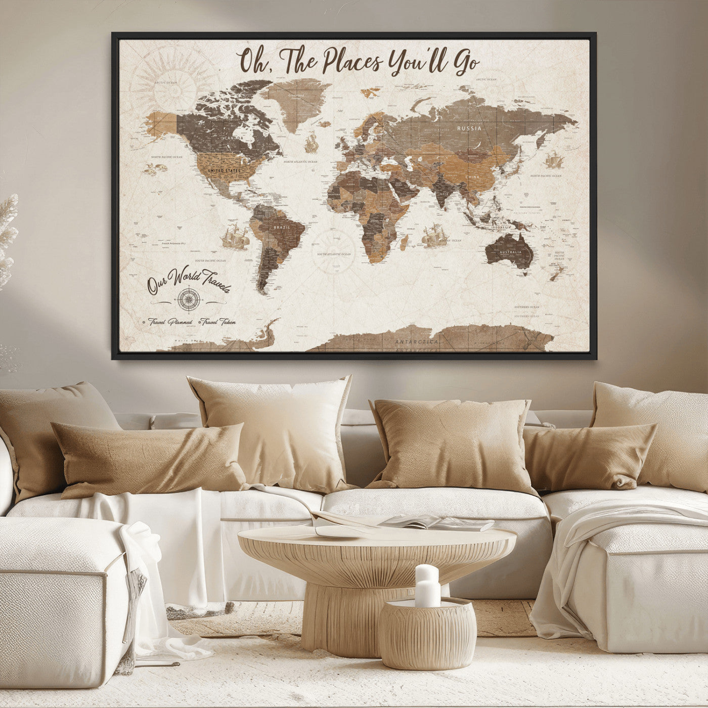 14140137-MGV-CV-36X24-Personalized World Map Wall Art – Vintage Nautical Adventure Map with Ships and Compass, Rustic Sepia Tones for Travel Lovers and