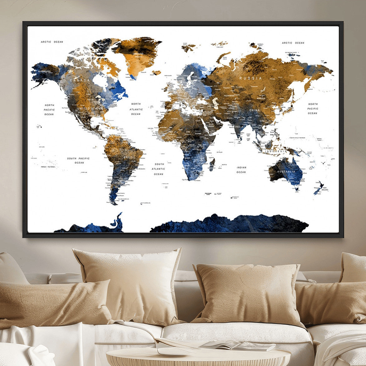 MGV-FC-36X24 - World Map Wall Art Canvas Print, Framed Blue Gold Map Art Picture Print, Rustic Atlas Perfect Rustic Modern Decor Artwork