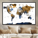 MGV-FC-36X24 - World Map Wall Art Canvas Print, Framed Blue Gold Map Art Picture Print, Rustic Atlas Perfect Rustic Modern Decor Artwork
