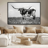 83785-MGV-CV-36X24-Texas Longhorn Wall Art Canvas Print, Framed Horned Bull Art Picture Print, Monochrome Cattle Perfect Rustic Western Decor Artwork