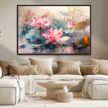 18414-MGV-CV-36X24-Pink Lotus Wall Art Canvas Print, Framed Water Lily Art Picture Print, Dreamy Floral Perfect Dreamy Botanical Decor Artwork