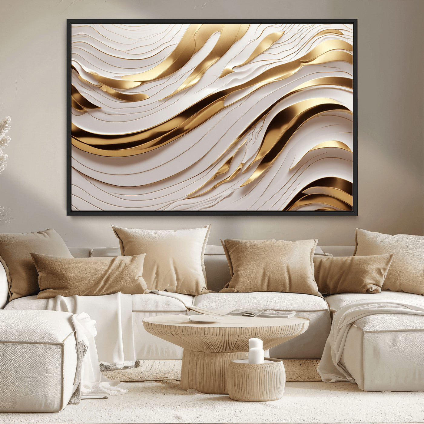 41237-MGV-CV-36X24-Gold Waves Wall Art Canvas Print, Framed Elegant Flow Art Picture Print, Luxury Layers Perfect Minimal Luxe Decor Artwork