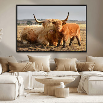 88780-MGV-CV-36X24-Highland Cow Wall Art Canvas Print, Framed Cow Calf Art Picture Print, Scottish Cattle Perfect Rustic Farmhouse Decor Artwork