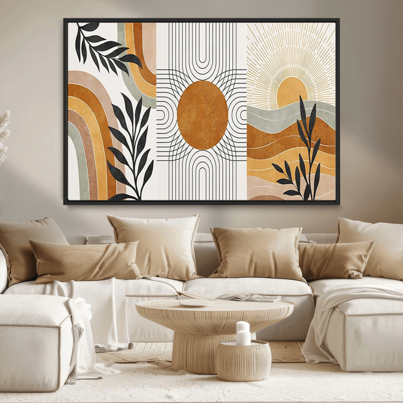 32359-MGV-CV-36X24-Modern Sun Wall Art Canvas Print, Framed Retro Horizon Art Picture Print, Sunburst Design Perfect Mid Century Boho Decor Artwork
