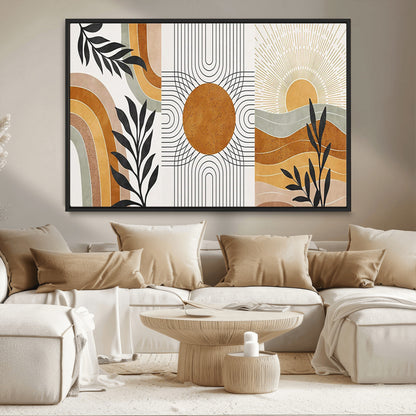 32359-MGV-CV-36X24-Modern Sun Wall Art Canvas Print, Framed Retro Horizon Art Picture Print, Sunburst Design Perfect Mid Century Boho Decor Artwork