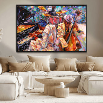 13675-MGV-CV-36X24-Jazz Band Wall Art Canvas Print, Framed Jazz Oil Painting Art Picture Print, Vibrant Music Perfect Abstract Musical Decor Artwork