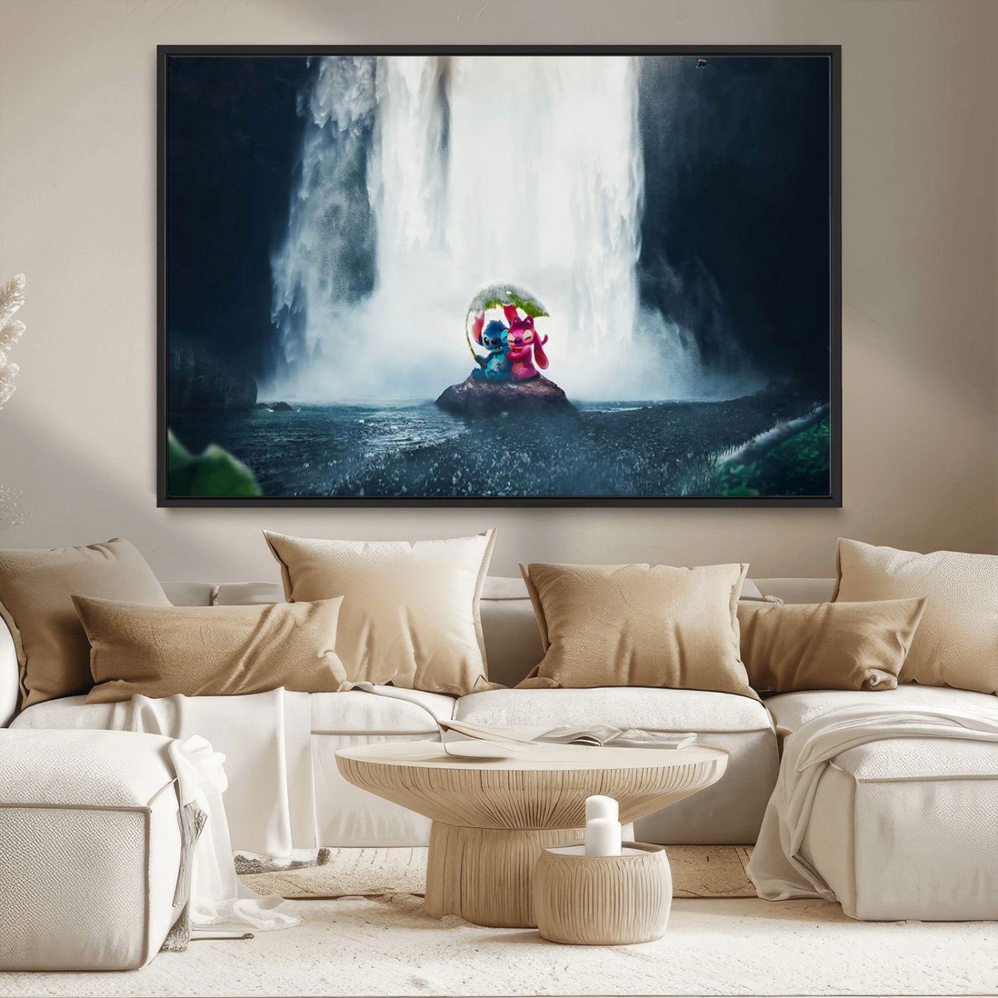 32259-MGV-CV-36X24-Stitch Angel Wall Art Canvas Print, Framed Stitch Waterfall Art Picture Print, Cartoon Couple Perfect Moody Fantasy Decor Artwork