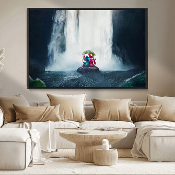 32259-MGV-CV-36X24-Stitch Angel Wall Art Canvas Print, Framed Stitch Waterfall Art Picture Print, Cartoon Couple Perfect Moody Fantasy Decor Artwork