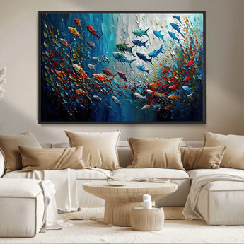 89626-MGV-CV-36X24-Fish Swarm Wall Art Canvas Print, Framed Abstract Ocean Art Picture Print, Underwater Life Perfect Vibrant Coastal Decor Artwork