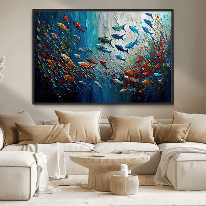89626-MGV-CV-36X24-Fish Swarm Wall Art Canvas Print, Framed Abstract Ocean Art Picture Print, Underwater Life Perfect Vibrant Coastal Decor Artwork