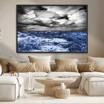 91043-MGV-CV-36X24-Stormy Ocean Wall Art Canvas Print, Framed Moody Seascape Art Picture Print, Monochrome Sea Perfect Coastal Drama Decor Artwork