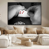 62460-MGV-CV-36X24-Poker Game Wall Art – Close Up of Hands Holding Aces with Chips, Casino Style Decor for Game Room, Man Cave or Office