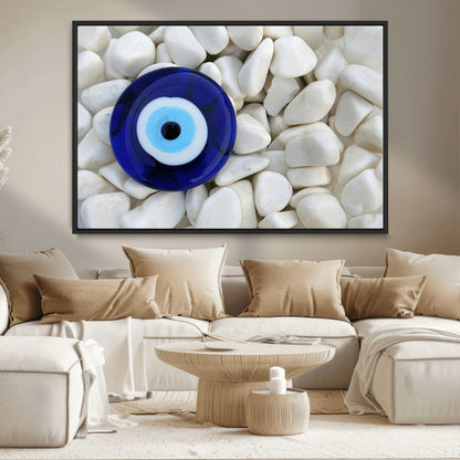 48883-MGV-CV-36X24-Evil Eye Wall Art – Deep Blue Symbol of Presence and Calm on White Stones, Subtle Spiritual Decor for Entryway, Studio, Office or
