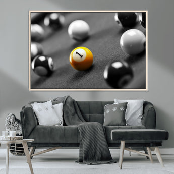 52108-MGV-CV-36X24-Precision Pool Table Wall Art – Close Up Yellow 1 Ball Canvas Print, Hand-Played Billiards Game Decor for Office, Game Room, or