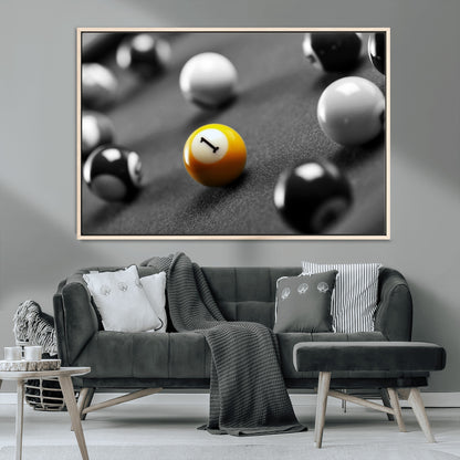 52108-MGV-CV-36X24-Precision Pool Table Wall Art – Close Up Yellow 1 Ball Canvas Print, Hand-Played Billiards Game Decor for Office, Game Room, or