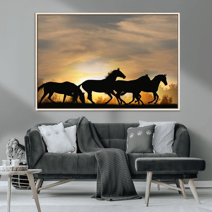 16620-MGV-CV-36X24-Sunset Stallions Wall Art – Silhouetted Horses Running Canvas Print, Nature’s Rhythm, Perfect for Living Room, Office, or Man Cave